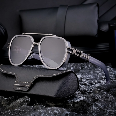 Gafas De Sol Polarizadas Hombre Retro Metal Doble Puente Estilo Punk Protección UV400 Lentes TAC