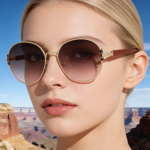 Oversized Round Sunglasses Women Metal Frame Gradient Lens UV400 Protection Retro Fashionable Outdoor Eyewear