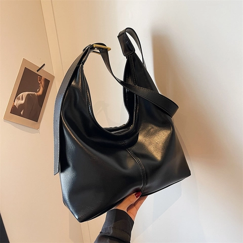 Minimalist Women Hobo Shoulder Bag PU Leather Large Capacity Adjustable Wide Strap Retro Urban Commute Tote Bag