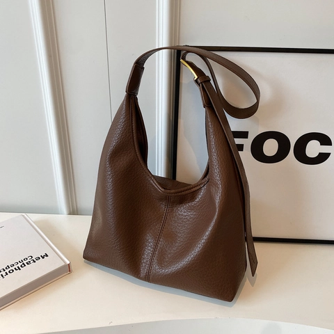 Large Capacity Hobo Bag Lychee Pattern PU Leather Single Shoulder Adjustable Strap Casual Commuting For Women Trendy