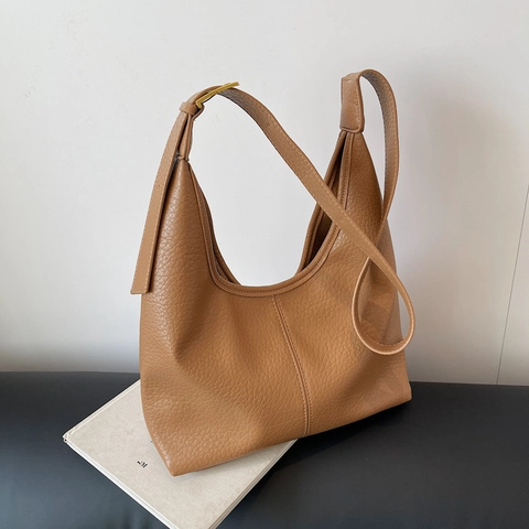 Large Capacity Hobo Bag Lychee Pattern PU Leather Single Shoulder Adjustable Strap Casual Commuting For Women Trendy