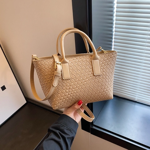 Bolso Tote Tejido Mujer Bolso De Mano De Cuero PU Bolso De Hombro Trenzado Con Correa Ajustable Color Sólido Versátil Elegante