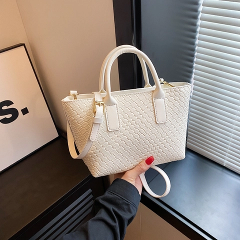 Bolso Tote Tejido Mujer Bolso De Mano De Cuero PU Bolso De Hombro Trenzado Con Correa Ajustable Color Sólido Versátil Elegante