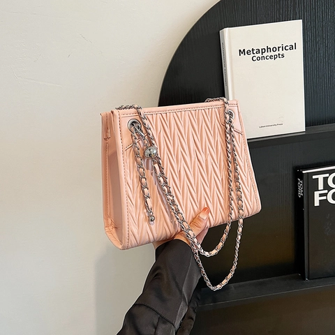 Women Pleated PU Leather Shoulder Bag Metal Chain Strap Matelassé Design Elegant Crossbody Purse With Silver Ball Decor