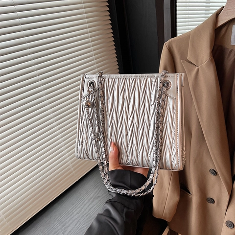 Women Pleated PU Leather Shoulder Bag Metal Chain Strap Matelassé Design Elegant Crossbody Purse With Silver Ball Decor