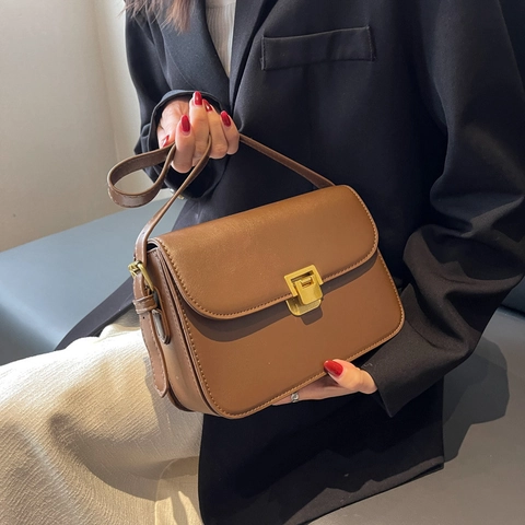 Damen PU Leder Schultertasche Minimalistische Retro Kleine Quadratische Umhängetasche Mit Goldenem Metallschloss