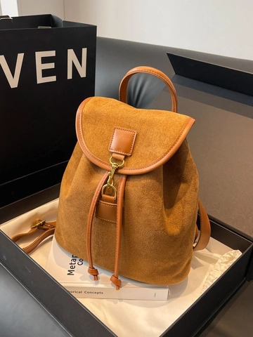 Retro Matte Wildleder Rucksack Damen Vintage Kordelzug Eimer Umhängetasche Mit Klappe Metallhaken Mode College Stil