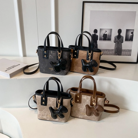 Mini Borsa Tote Retro Tela Pelle PU Borsa A Tralla Con Tracolla Rimovibile Decorazione Borchie Ciondolo Per Donne