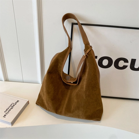 Bolso Hobo De Gamuza De Gran Capacidad Estilo Coreano Vintage Bolso De Hombro Casual Para Mujer Bolso De Hombro De Color Sólido