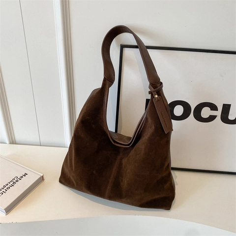 Bolso Hobo De Gamuza De Gran Capacidad Estilo Coreano Vintage Bolso De Hombro Casual Para Mujer Bolso De Hombro De Color Sólido