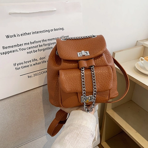 Fashion Mini Backpack PU Leather Litchi Texture Silver Chain Metal Lock Casual Travel School Bag For Women
