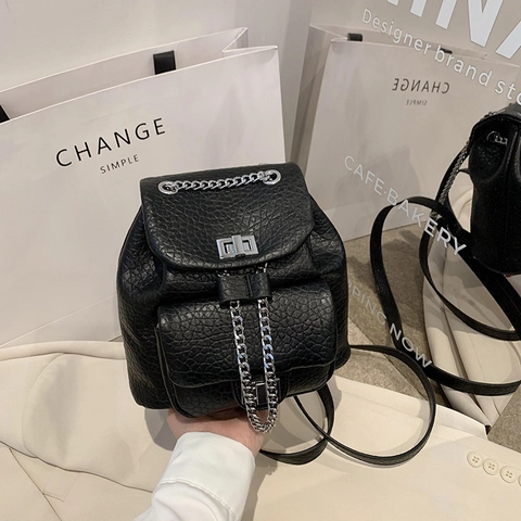 Fashion Mini Backpack PU Leather Litchi Texture Silver Chain Metal Lock Casual Travel School Bag For Women