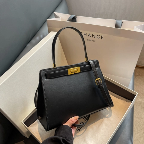 Sac À Main En Cuir PU À Poignée Supérieure Vintage Fermoir Tournant Doré Sac Bandoulière Trapèze Classique Pour Femme