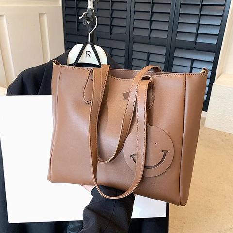 Borsa Tote In Pelle PU Grande Capacità Donna Ciondolo Faccina Sorridente Borsa A Mano Tracolla Regolabile