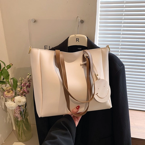 Borsa Tote In Pelle PU Grande Capacità Donna Ciondolo Faccina Sorridente Borsa A Mano Tracolla Regolabile