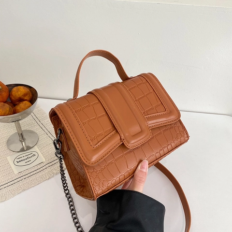 Women Shoulder Crossbody Bag PU Leather Croc Embossed Stone Pattern Chain Strap Top Handle Flap Square Fashion Commuter