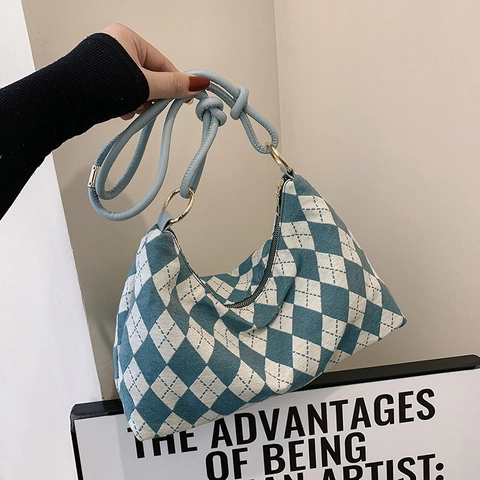 Bolso De Hombro Para Mujer Bolso Axilar Estampado De Rombos Lona Correa Con Nudos Vintage Hobo Mano