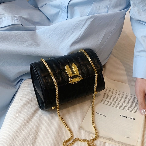 Women Quilted Crossbody Bag PU Leather Rabbit Heart Pattern Gold Chain Shoulder Purse With Novelty Rabbit Ear Lock