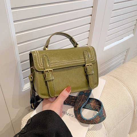 Vintage PU Leather Small Square Bag With Bohemian Printed Wide Strap Retro Crossbody Shoulder Handbag For Women Casual