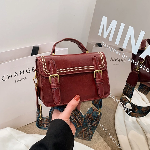 Vintage PU Leather Small Square Bag With Bohemian Printed Wide Strap Retro Crossbody Shoulder Handbag For Women Casual