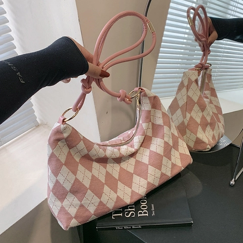 Bolso De Hombro Para Mujer Bolso Axilar Estampado De Rombos Lona Correa Con Nudos Vintage Hobo Mano