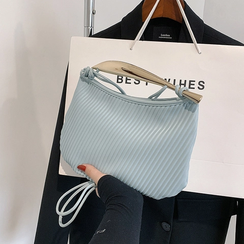 Pleated PU Leather Shoulder Bag With Gold Metal Handle Minimalist Handbag For Women Evening Party Crossbody