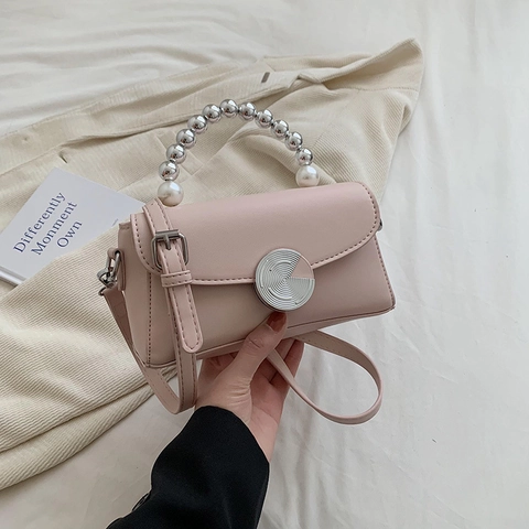 Borsa Da Donna Con Manico In Künstliche Perle Pelle PU Elegante Borsa A Tracolla Chiusura Metallica Rotonda Patta Di Tendenza