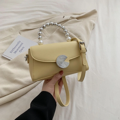Borsa Da Donna Con Manico In Künstliche Perle Pelle PU Elegante Borsa A Tracolla Chiusura Metallica Rotonda Patta Di Tendenza