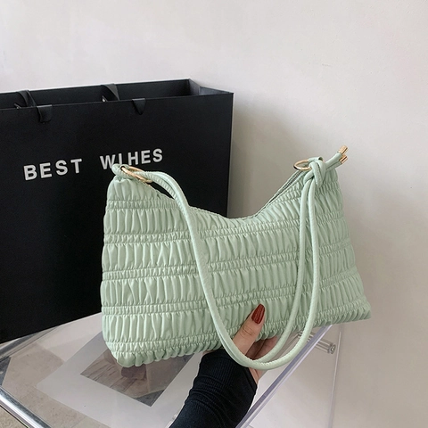 Women Ruched Underarm Bag PU Leather Pleated Shoulder Bag Zipper Closure French Retro Minimalist Solid Color Daily