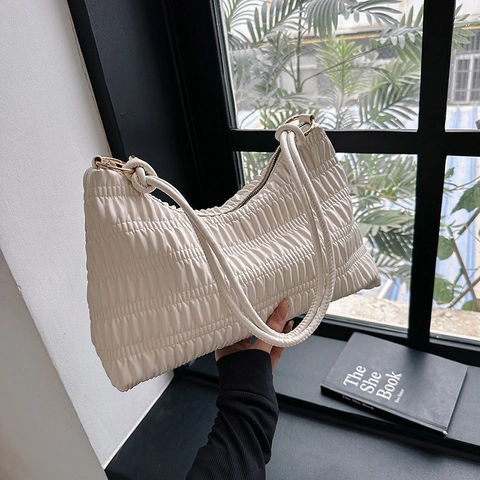 Women Ruched Underarm Bag PU Leather Pleated Shoulder Bag Zipper Closure French Retro Minimalist Solid Color Daily