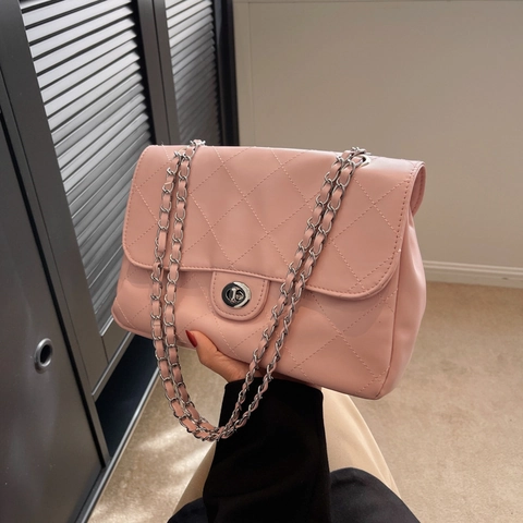 Borsa A Spalla Trapuntata Pelle PU Motivo Diamante Tracolla Catena Metallo Chiusura A Girello Vintage Donna