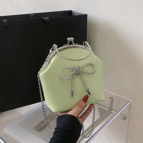 Rhinestone Bowknot Abendtasche Damen PU Leder Retro Shell Schultertasche Mit Silberner Metallkette Party Clutch