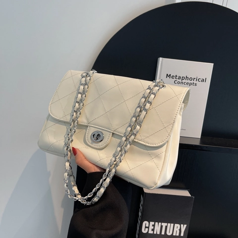 Borsa A Spalla Trapuntata Pelle PU Motivo Diamante Tracolla Catena Metallo Chiusura A Girello Vintage Donna