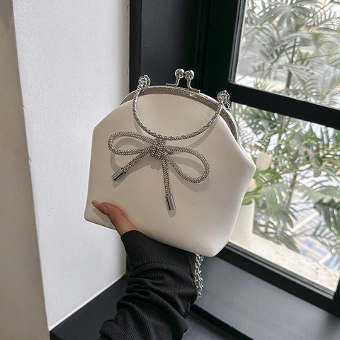 Rhinestone Bowknot Abendtasche Damen PU Leder Retro Shell Schultertasche Mit Silberner Metallkette Party Clutch