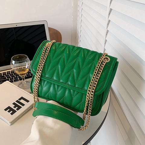 Quilted Shoulder Bag PU Leather Chevron Pattern Gold Chain Crossbody Flap Small Square Handbag For Women Fashion Elegant