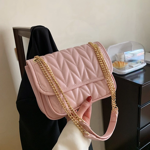 Quilted Shoulder Bag PU Leather Chevron Pattern Gold Chain Crossbody Flap Small Square Handbag For Women Fashion Elegant
