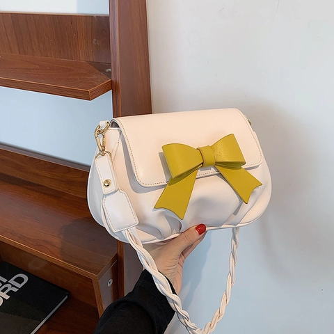 Women Shoulder Crossbody Bag PU Leather Large Contrast Bow Pleated Ruched Metal Hardware Elegant Korean Messenger Purse
