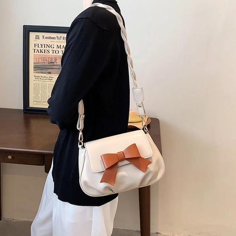 Women Shoulder Crossbody Bag PU Leather Large Contrast Bow Pleated Ruched Metal Hardware Elegant Korean Messenger Purse