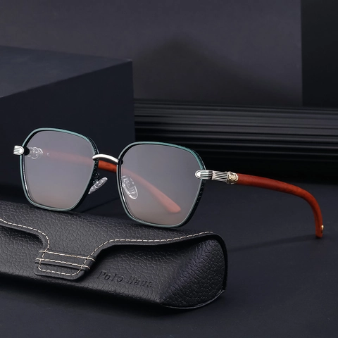 Trendy Square Metal Frame Sunglasses For Men Women Retro Wood Grain Texture Temple UV400 Outdoor Driving Fashion Eyewear