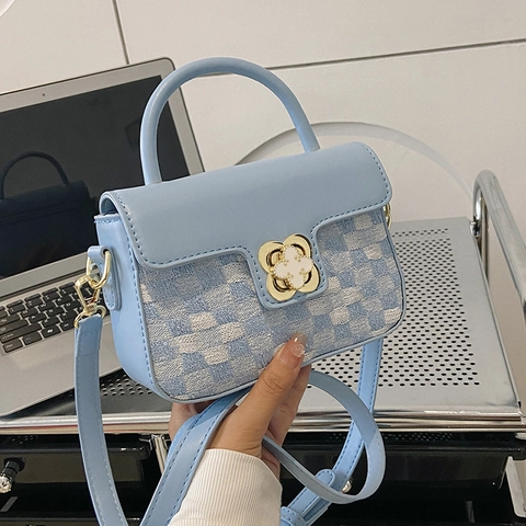 Damen Schultertasche PU Leder Tweed Schachbrettmuster Goldener Kleeblatt Verschluss Mini Umhängetasche
