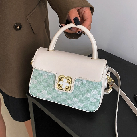 Damen Schultertasche PU Leder Tweed Schachbrettmuster Goldener Kleeblatt Verschluss Mini Umhängetasche