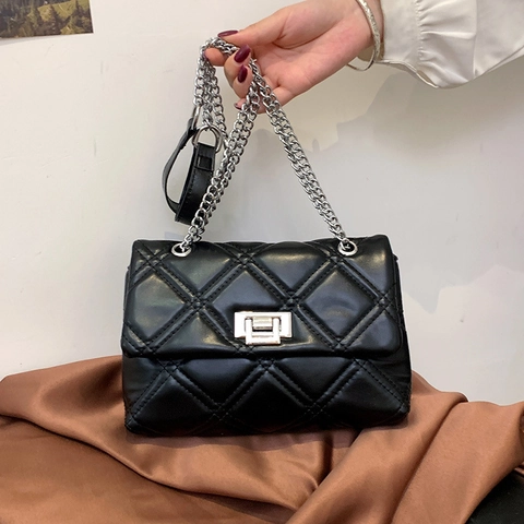 Women Quilted Chain Shoulder Bag Rhombic Pattern PU Leather Crossbody Small Square Bag With Metal Lock Stylish