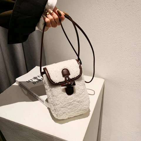 Women Plush Crossbody Mini Phone Bag Faux Lamb Wool Shoulder Purse Retro Toggle Closure Winter Soft Contrast Color