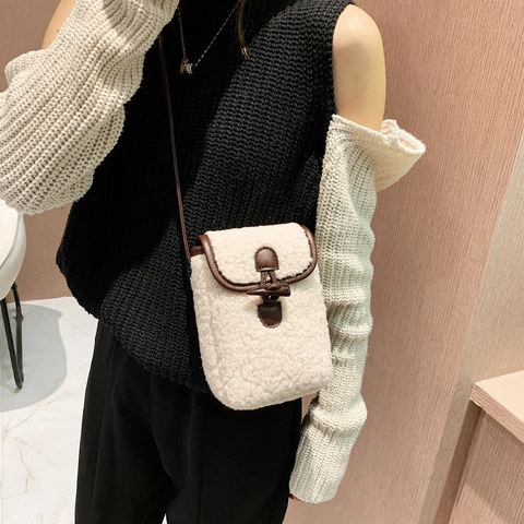 Women Plush Crossbody Mini Phone Bag Faux Lamb Wool Shoulder Purse Retro Toggle Closure Winter Soft Contrast Color