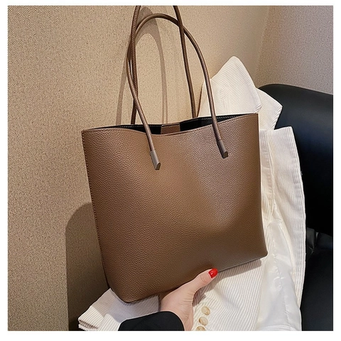 Women Large Capacity Tote Bag Litchi Pattern PU Leather Minimalist Magnetic Buckle Commuter Shoulder Handbag Solid Color
