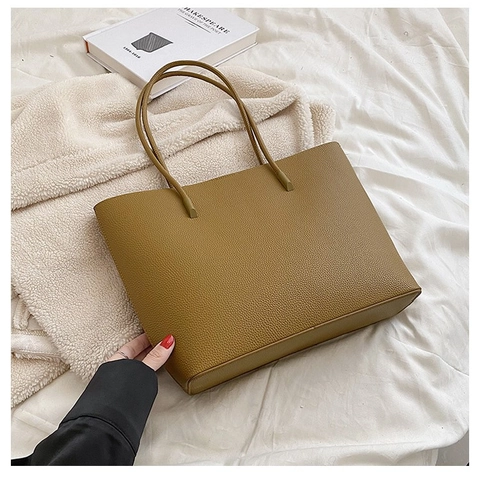 Women Large Capacity Tote Bag Litchi Pattern PU Leather Minimalist Magnetic Buckle Commuter Shoulder Handbag Solid Color