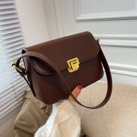Dames Retro PU Leren Schoudertas Vintage Minimalistische Crossbody Kleine Vierkante Tas Gouden Slot Klep Verstelbaar