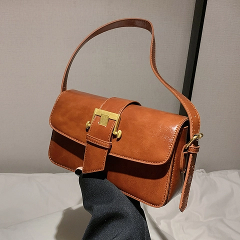 Bolso De Hombro De Cuero PU Vintage Para Mujer Bolso Cruzado Retro Con Hebilla De Metal Dorado Bolso De Mano De Color Sólido