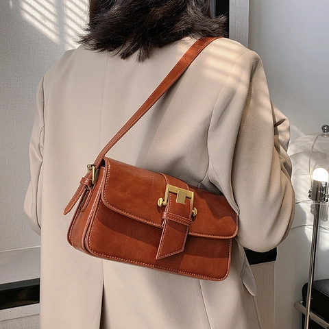 Bolso De Hombro De Cuero PU Vintage Para Mujer Bolso Cruzado Retro Con Hebilla De Metal Dorado Bolso De Mano De Color Sólido