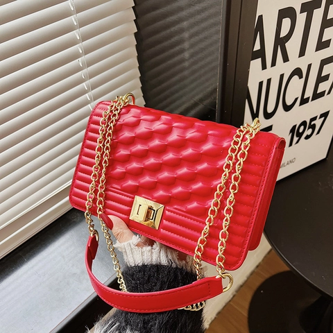 Damen Strukturierte PU Leder Schultertasche Und Beutel Geometrisch Gesteppt Metallschloss Kettengurt Lässig Trendig